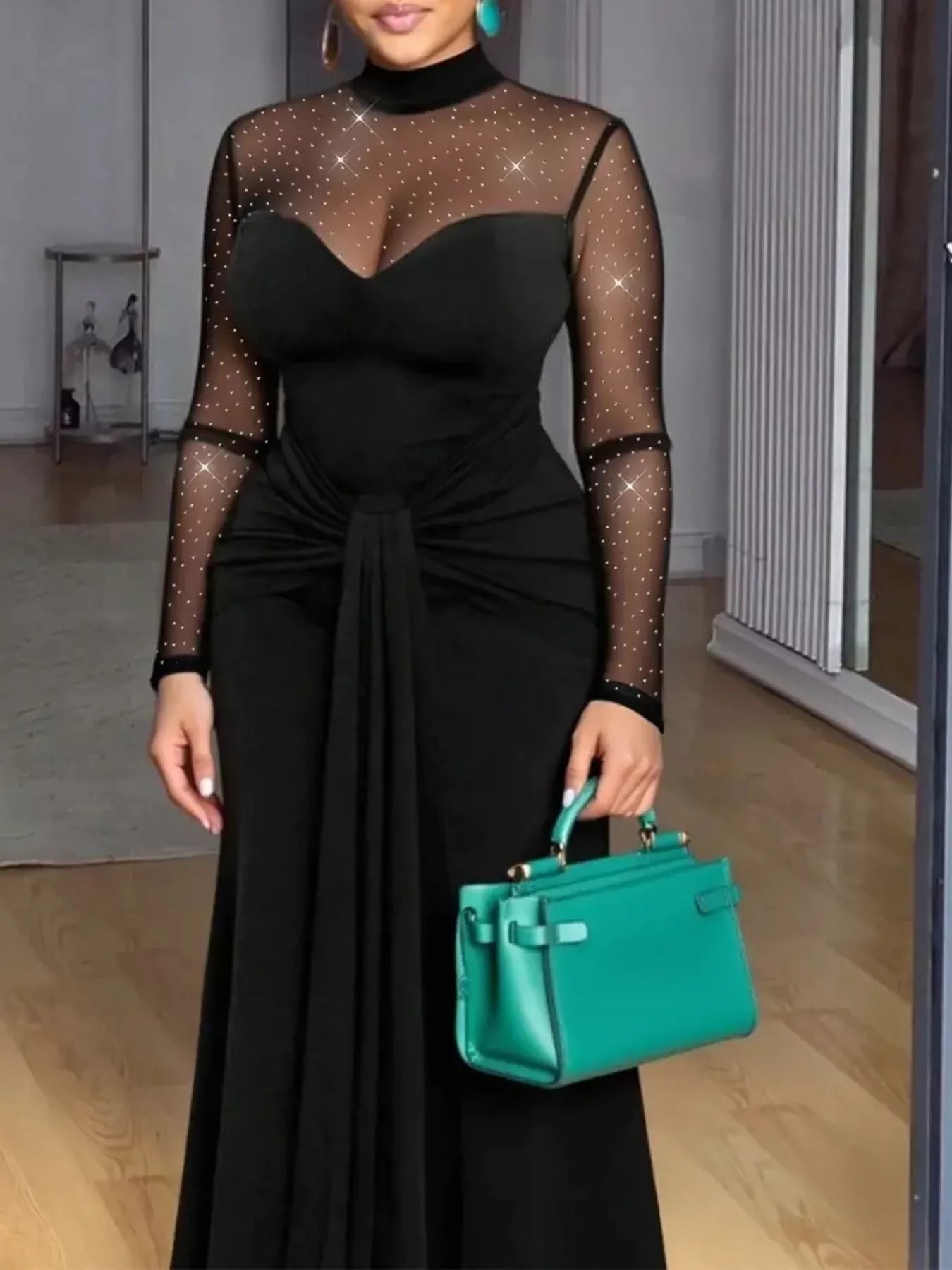 Sleek Mesh Mock Neck Long Sleeve Maxi Dress