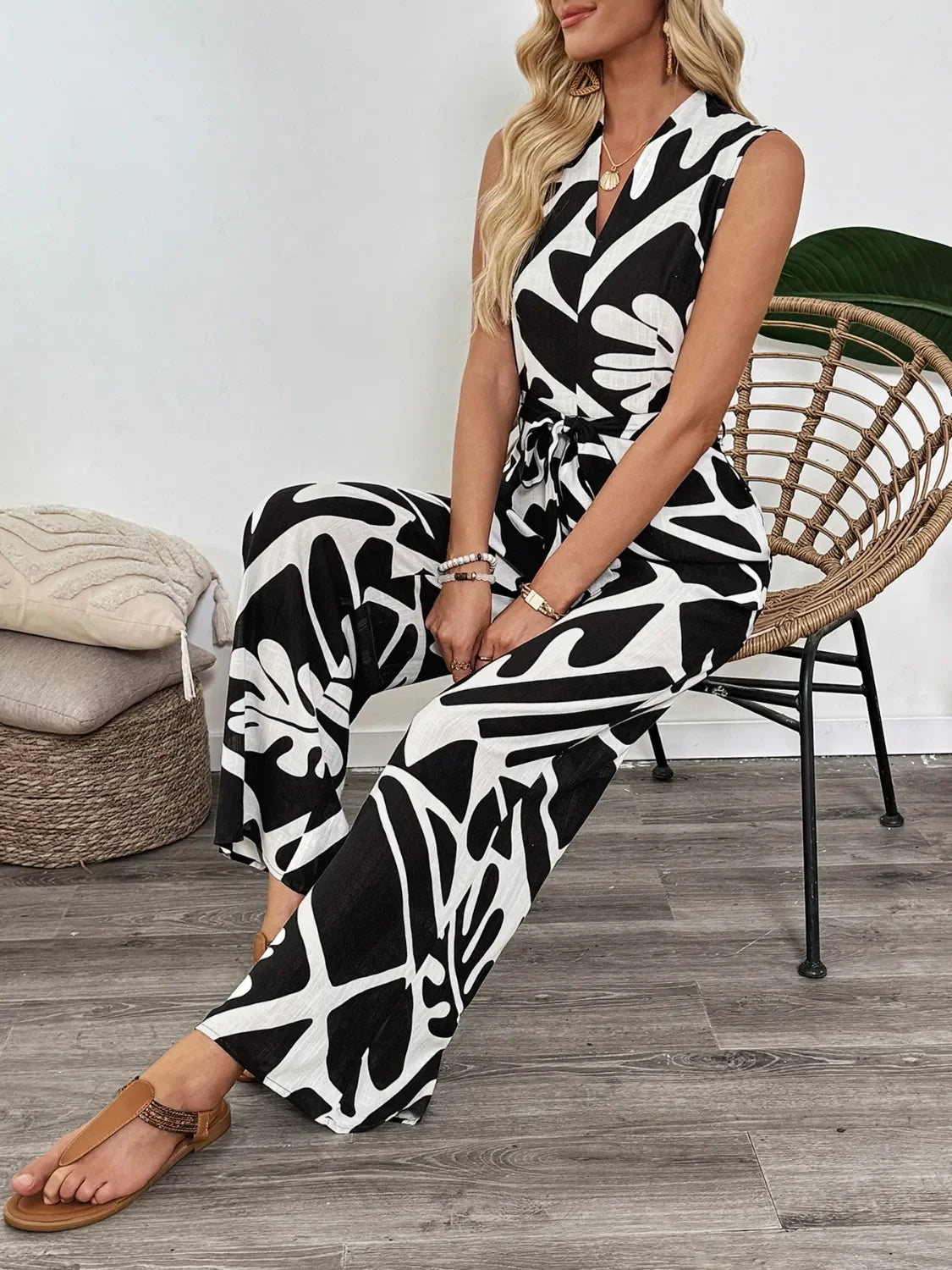 Printed Sleeveless Wide Leg Jumpsuit With Zipper Pockets - Southern Shores Clothing