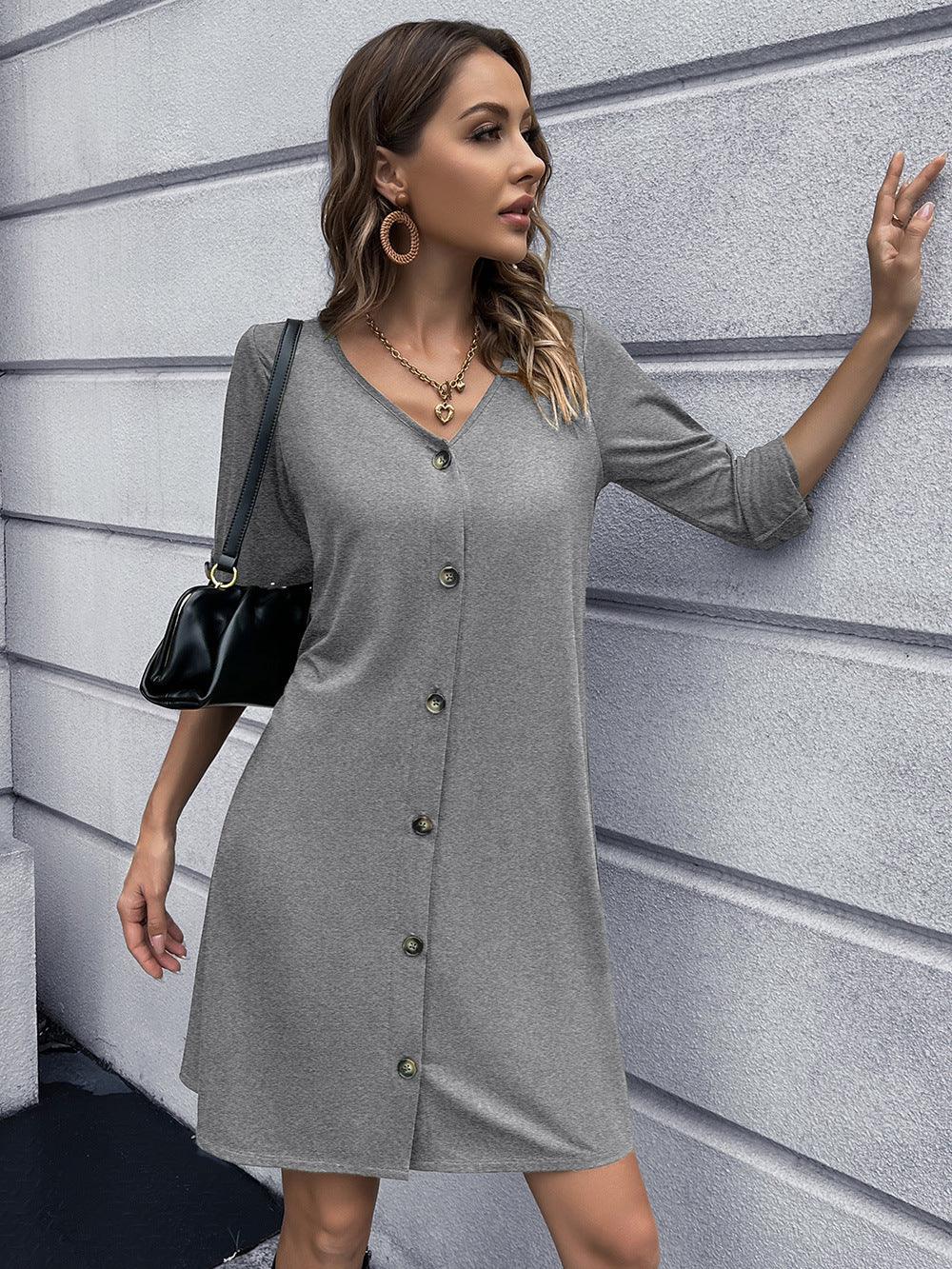 Casual Button Down V Neck Mini Dress Solid - Southern Shores Clothing