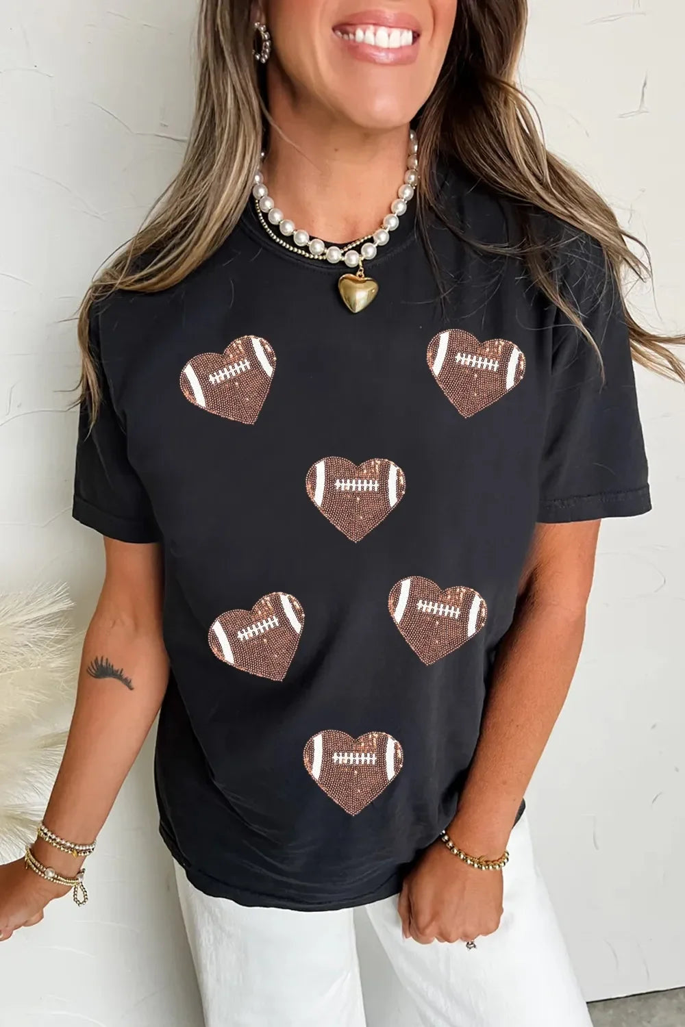 Game Day Football Heart Round Neck T Shirt Sequin Detail | Southern Shores Clothing - Southern Shores Clothing