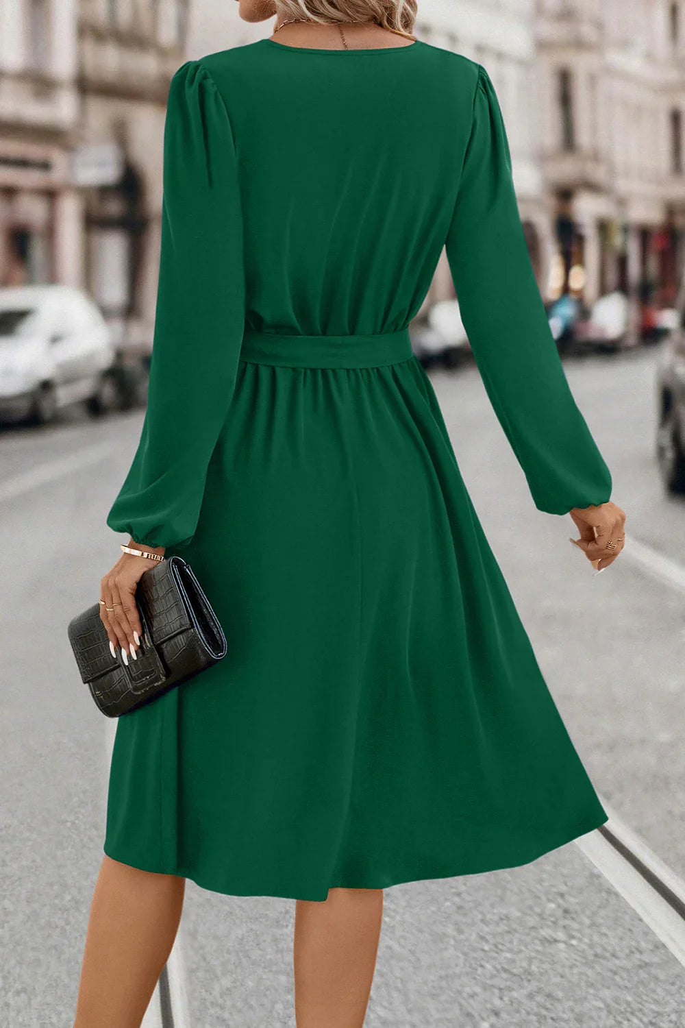 Tie Waist Notched Neck Long Sleeve Dress - Southern Shores Clothing