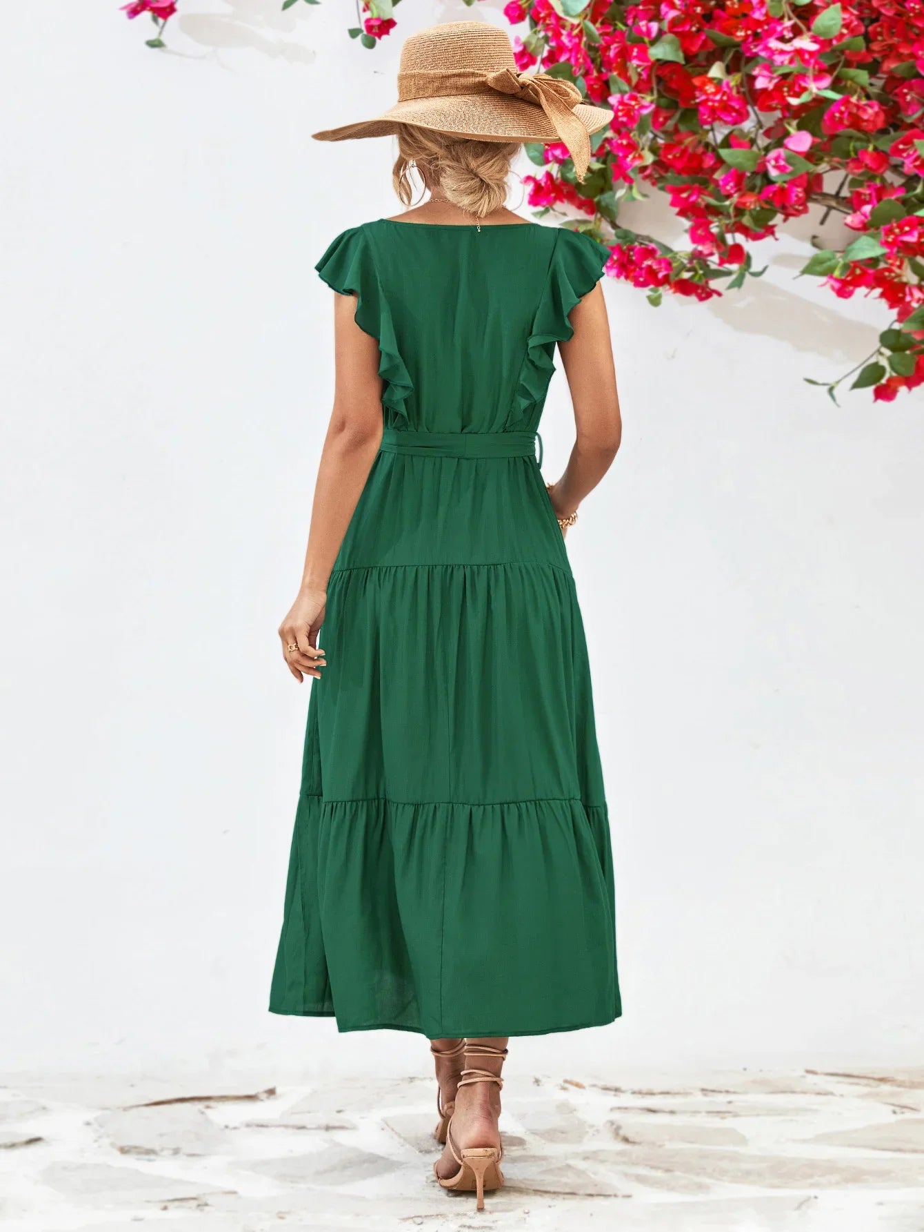 Tie Belt Ruffled Tiered Dress - Southern Shores Clothing