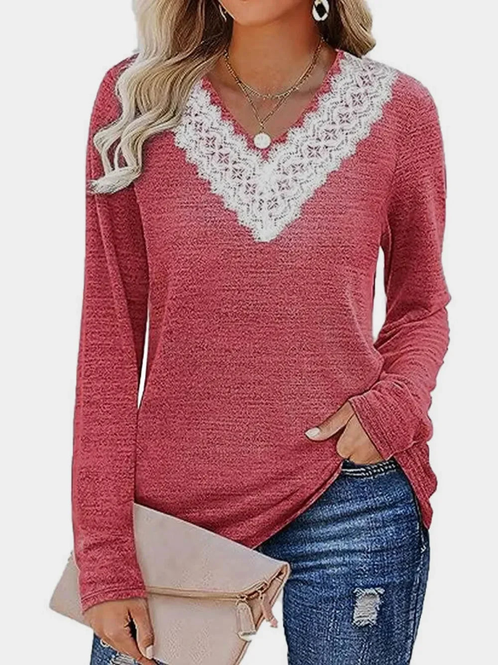 Lace Detail V-Neck Long Sleeve T-Shirt With Soft Stretch - Southern Shores Clothing