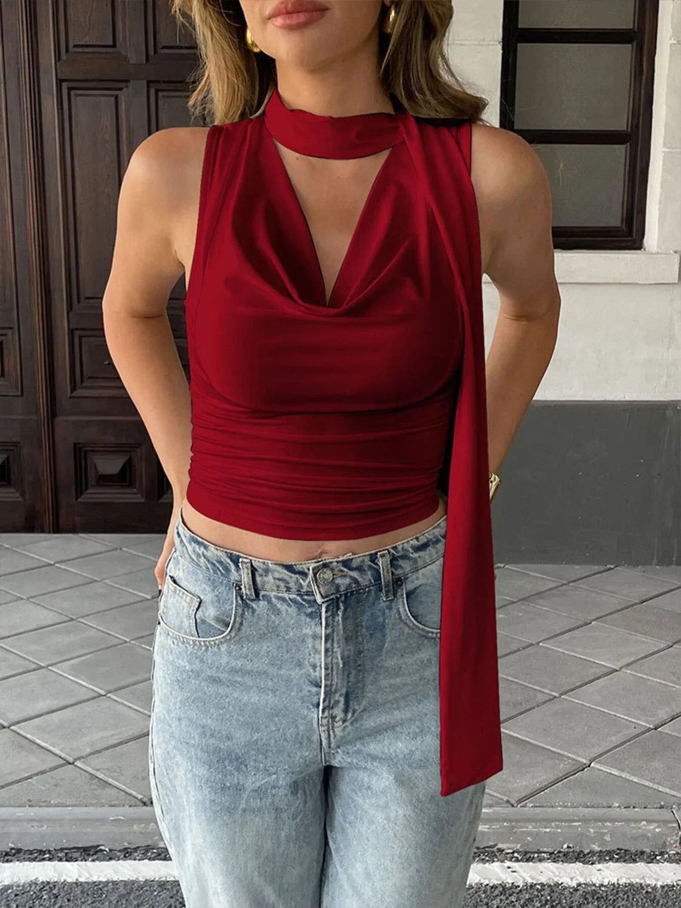Ruched Cowl Neck Cami Top With Slight Stretch Slim Fit Silhouette - Southern Shores Clothing