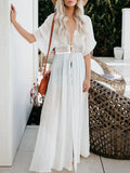 Lace Trim Plunging Neckline Beach Cover Up Maxi Dress - Southern Shores Clothing
