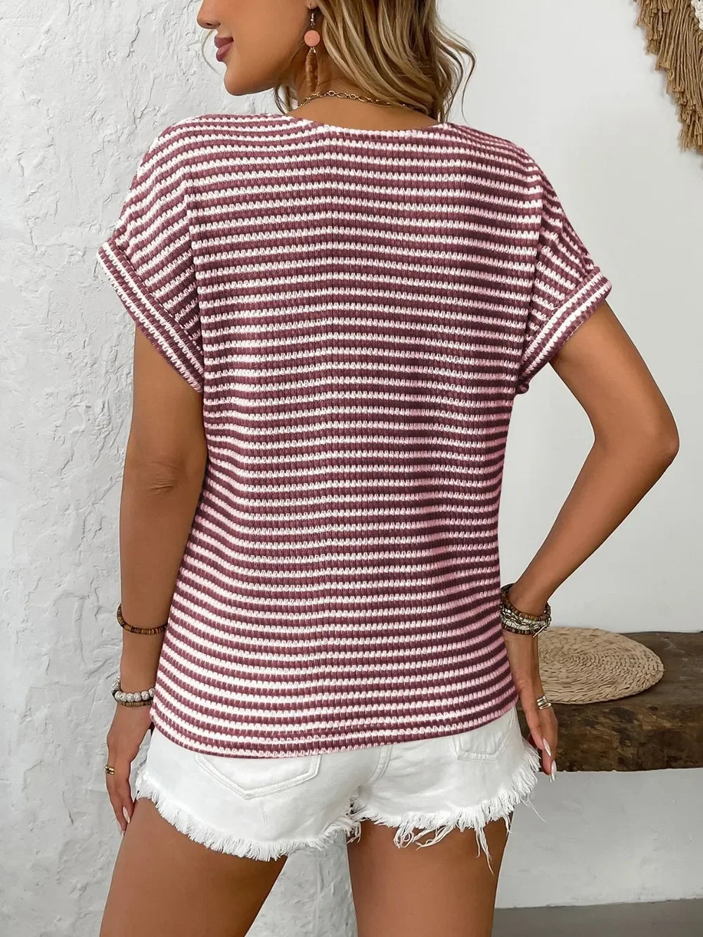Striped V Neck Short Sleeve Buttoned Stretch T Shirt - Southern Shores Clothing