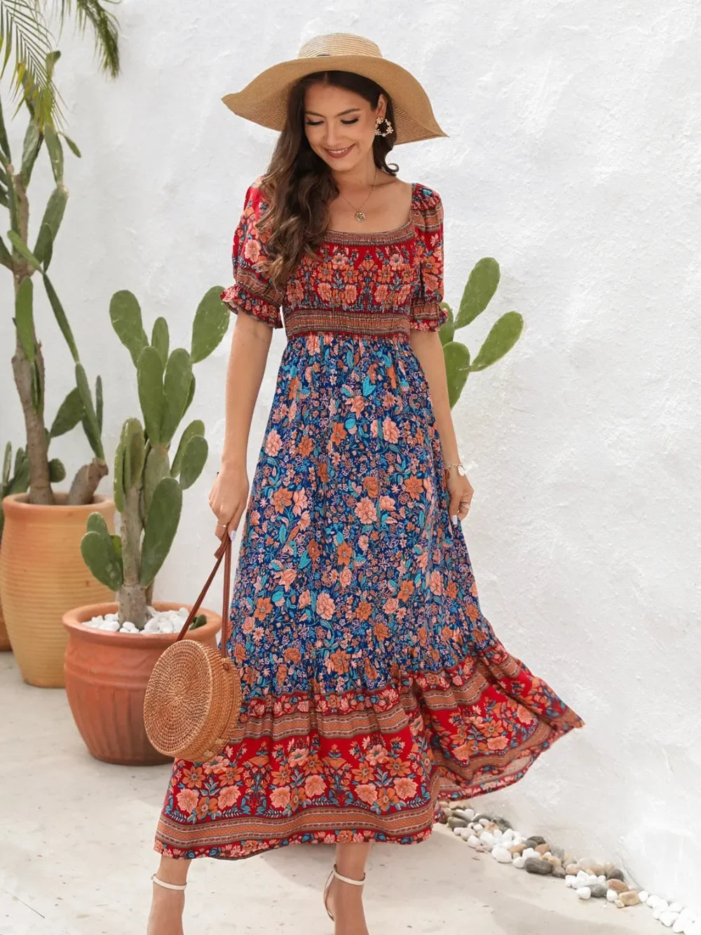Floral Flounce Sleeve Midi Dress Rayon Off Shoulder Boho - Southern Shores Clothing