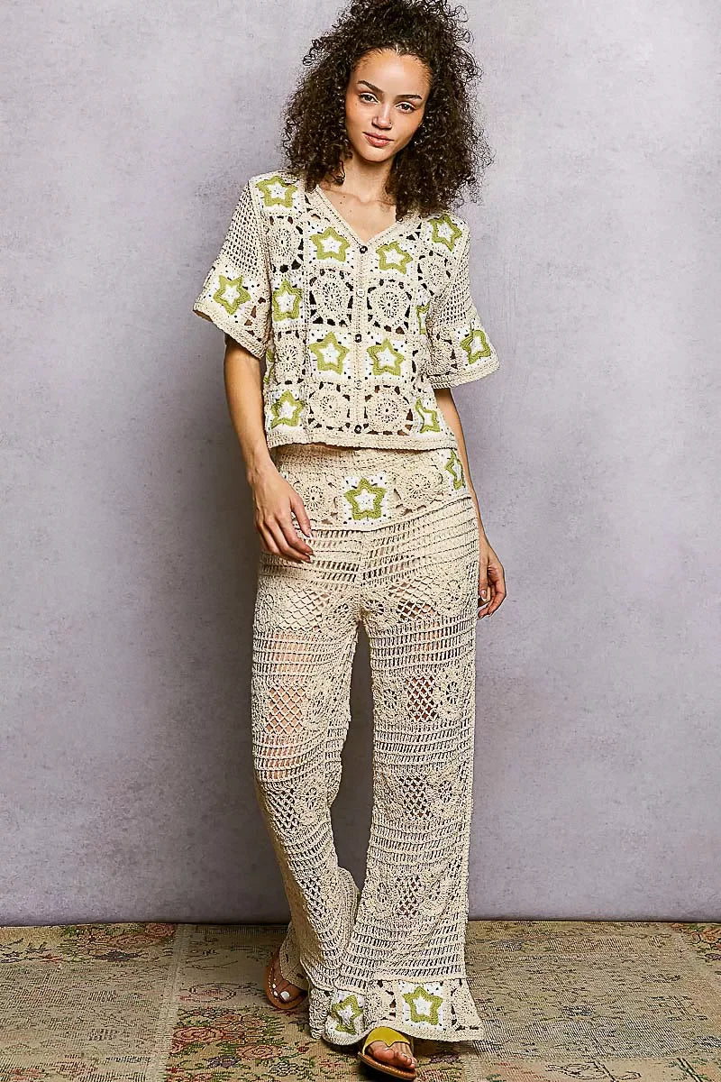 Openwork Crochet Flare Pants Contrast Star - Southern Shores Clothing