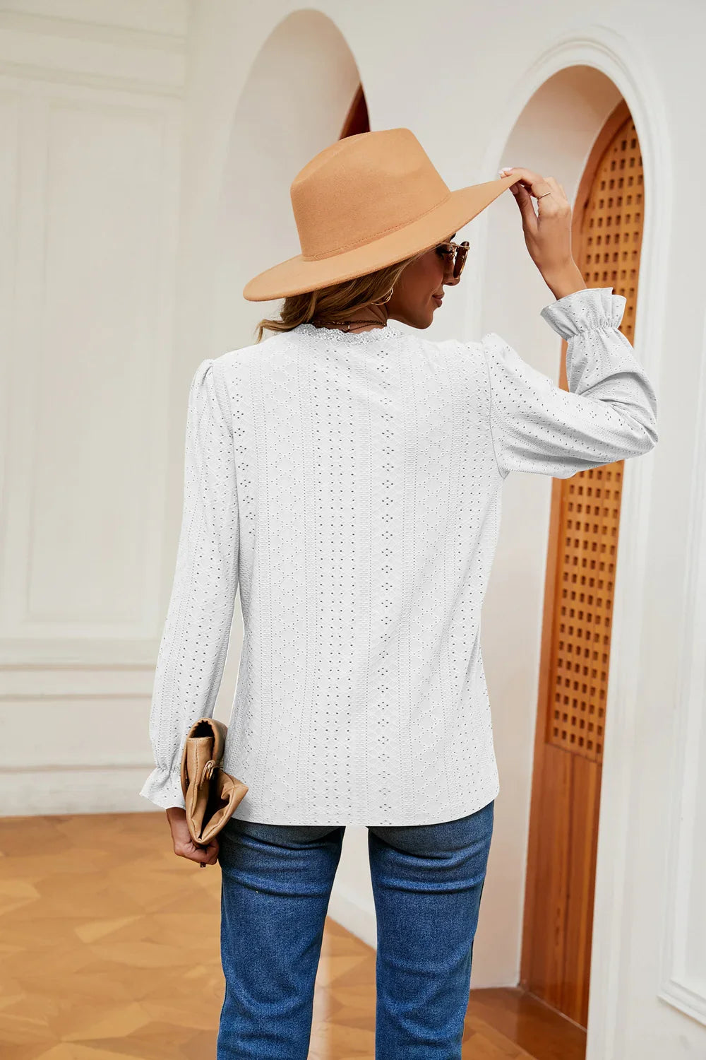 Southern Shores V-Neck Flounce Sleeve Lace Blouse In Stretch Rayon Blend Fabric For Versatile Wear - Southern Shores Clothing