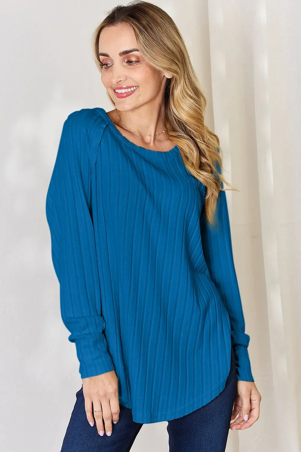 Ribbed Round Neck Slit T Shirt With Stretch - Southern Shores Clothing