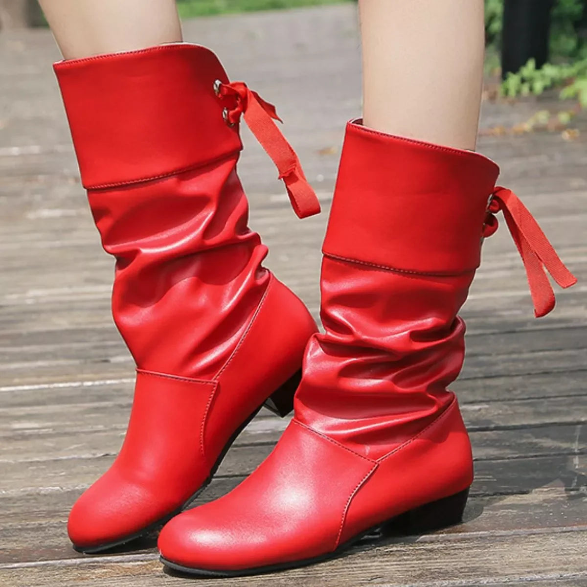 Round Toe Block Heels Boots With Low Heels