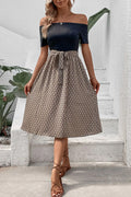 Perfee Printed Tie Belt Off-Shoulder Dress - Southern Shores Clothing