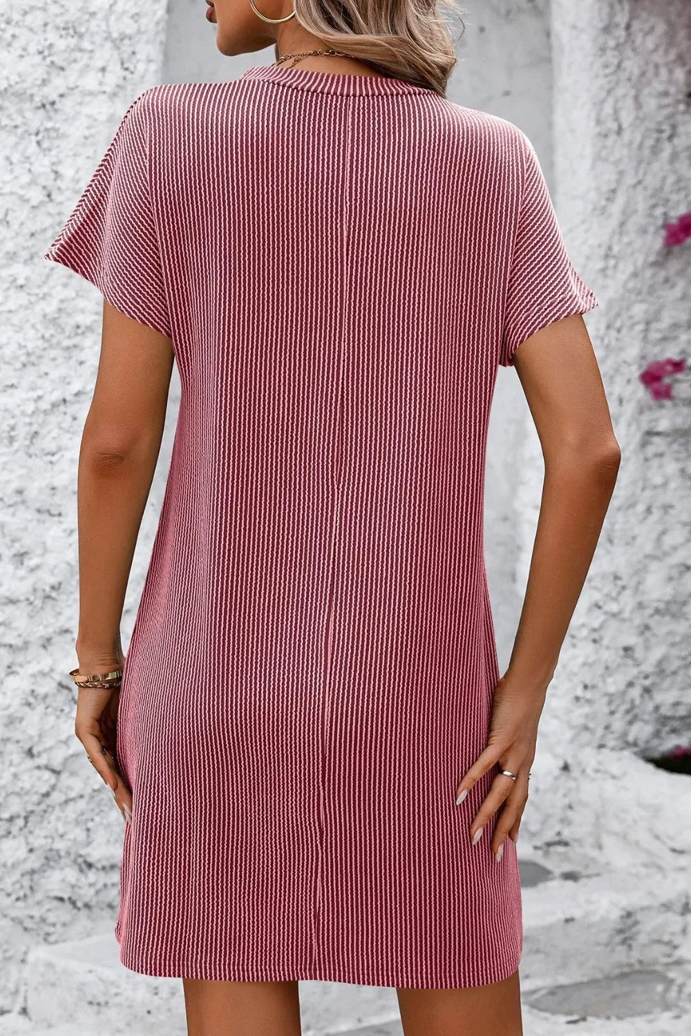 Ribbed Striped Short Sleeve Mini Tee Dress - Southern Shores Clothing