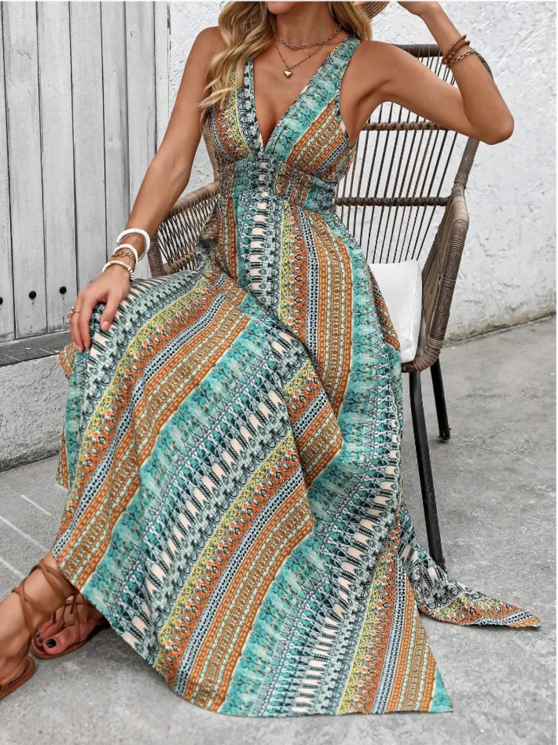 Printed All-Over Tied-Back Sleeveless Maxi Dress With Slit - Southern Shores Clothing
