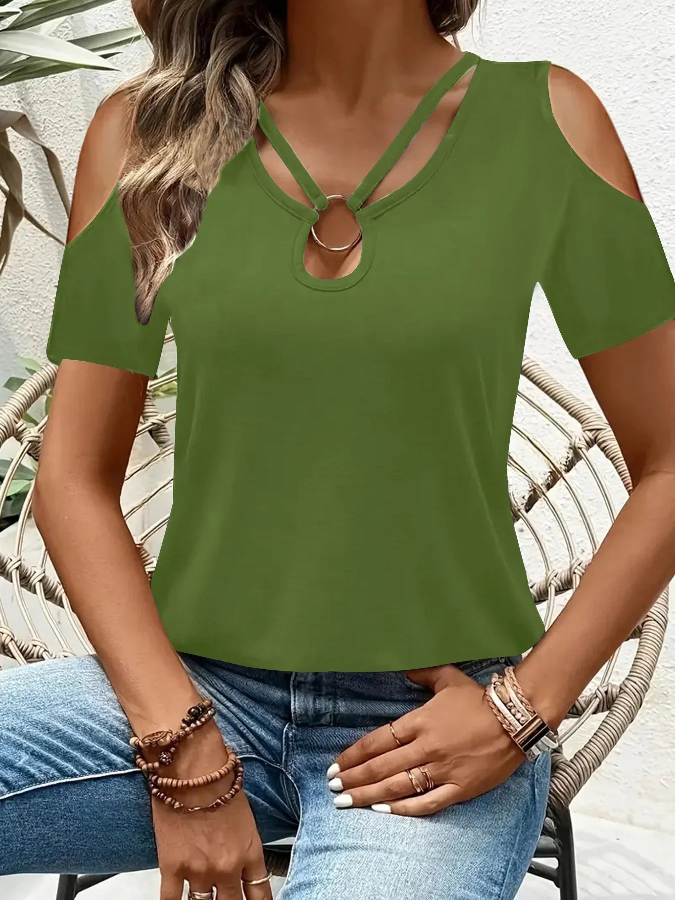 Stretch Cold Shoulder Tee With Metal Ring Detail - Southern Shores Clothing