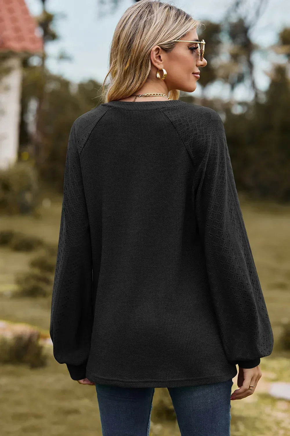Eyelet Notched Raglan Sleeve T-Shirt - Southern Shores Clothing