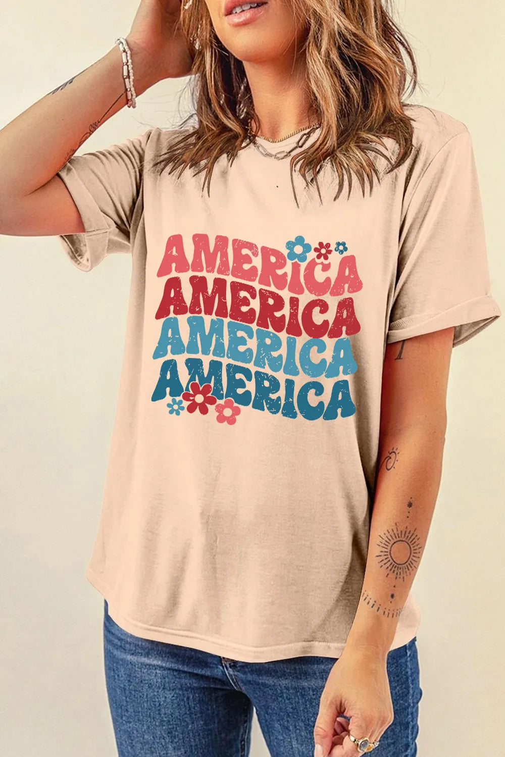America Round Neck Short Sleeve Women's Basic T-Shirt Design
