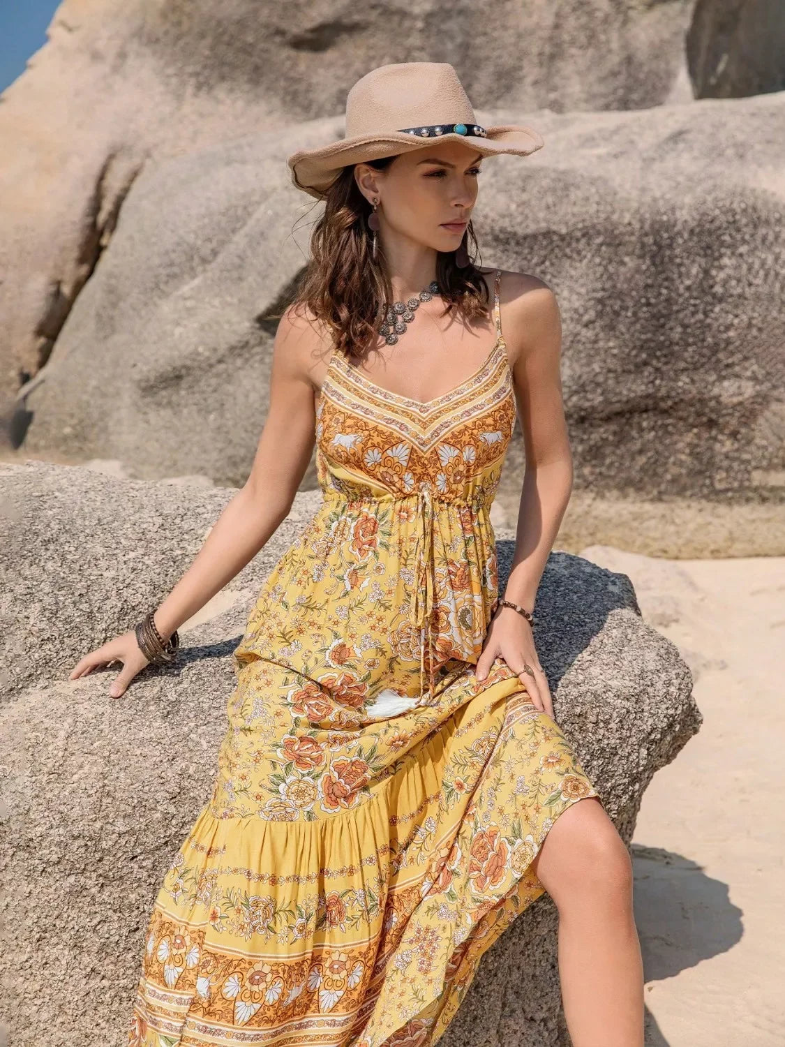Tassel Printed Tiered Cami Dress Floral Print Boho Style - Southern Shores Clothing