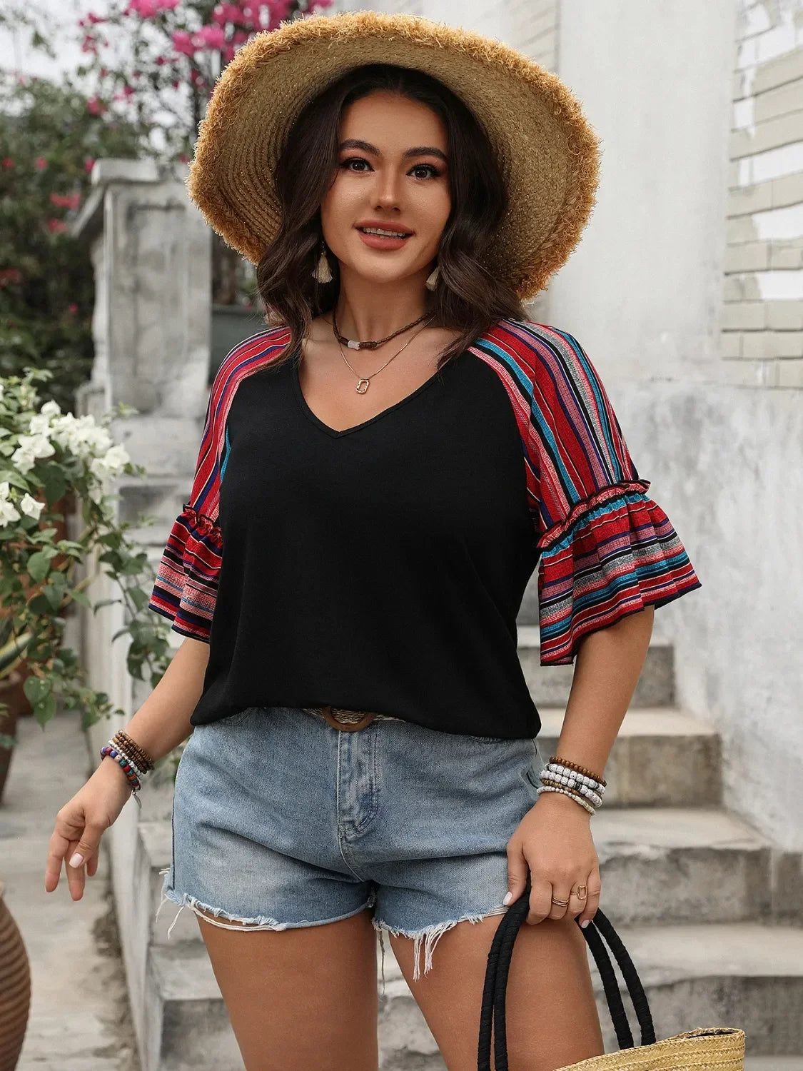 V-Neck Flounce Sleeve Top With Frill Detailing Casual Style - Southern Shores Clothing