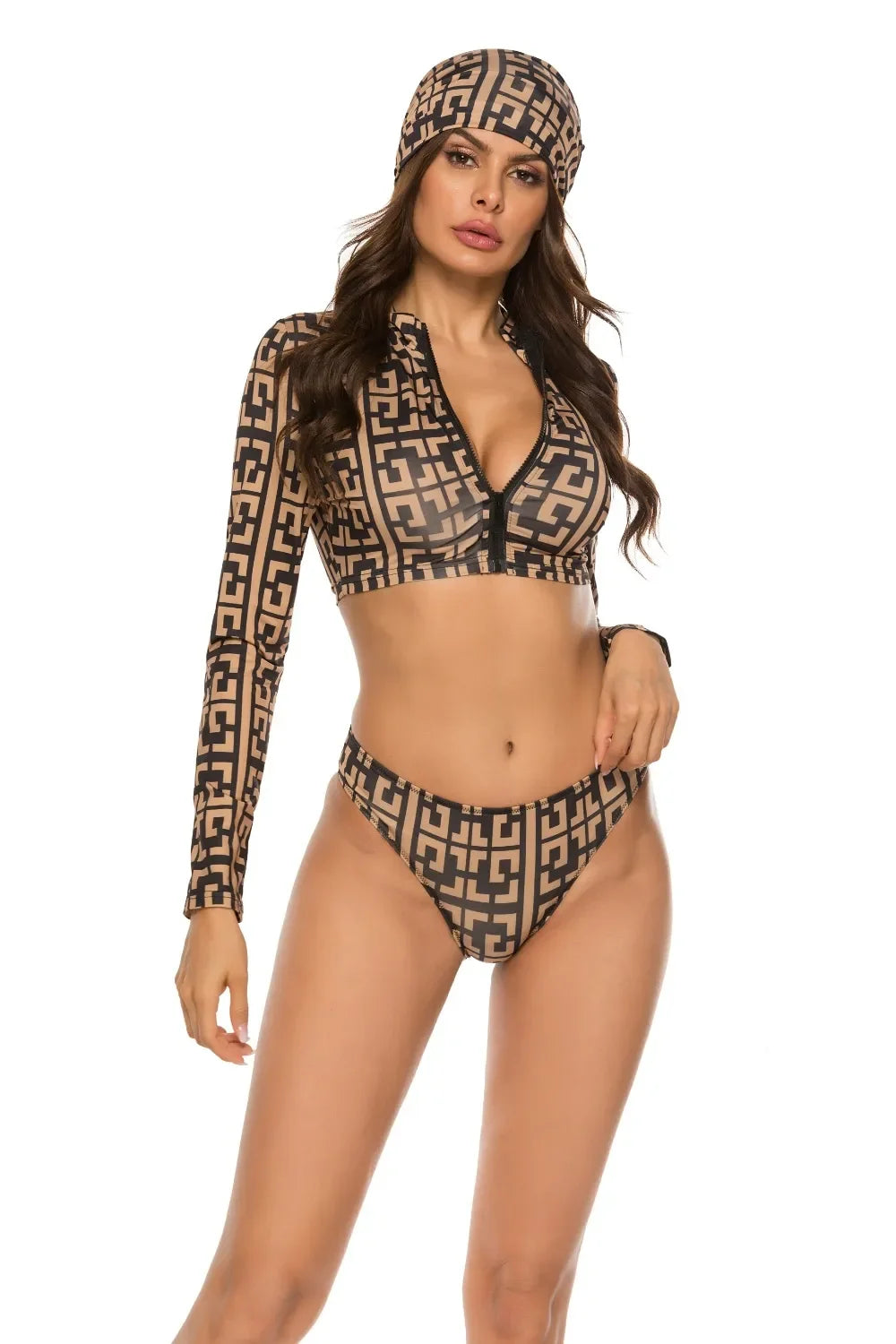 Printed Zip-Up Three-Piece Swim Set With Front Zip Top Pattern - Southern Shores Clothing