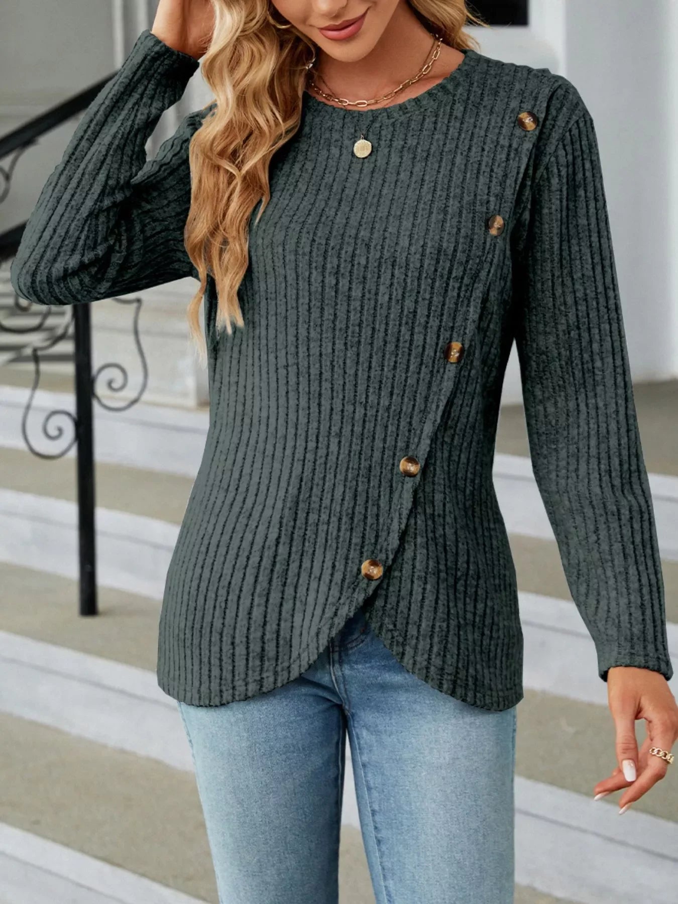 Ribbed Knit Decor Button T-Shirt - Southern Shores Clothing