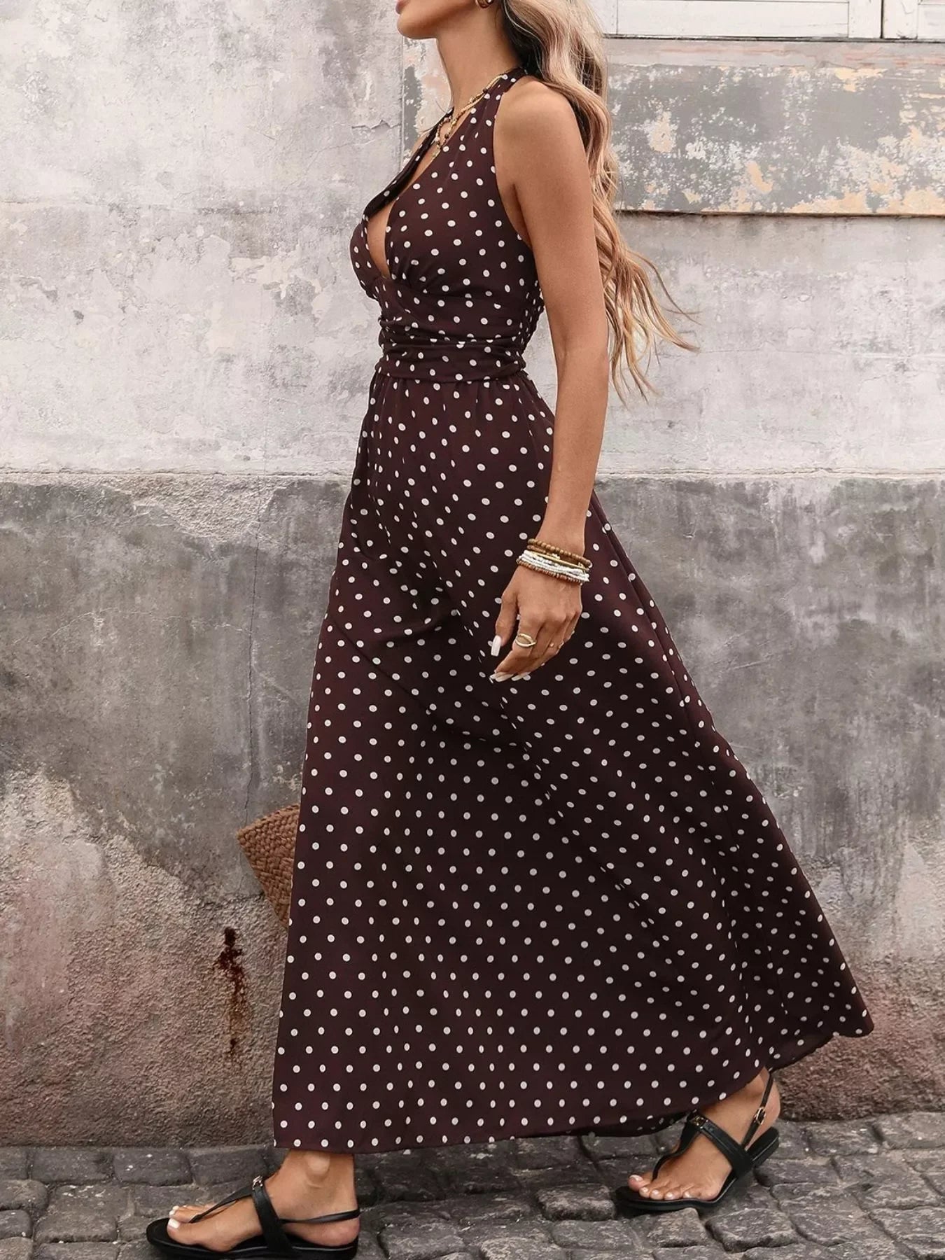 Halter Neck Maxi Dress With Polka Dot Pattern - Southern Shores Clothing