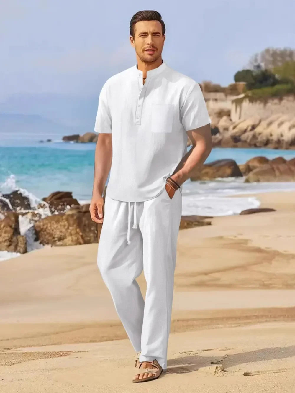 Men's Full Size Half Button Top and Drawstring Pants Set Plus Size - Southern Shores Clothing