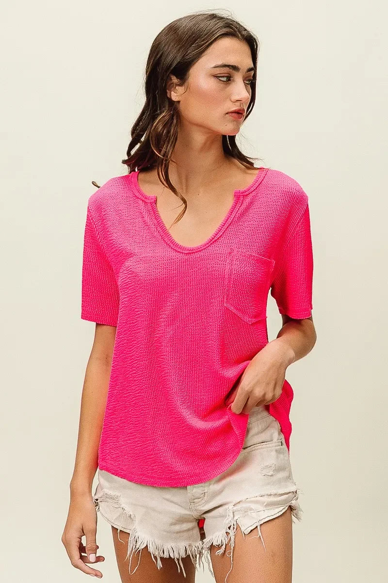 Waved Rib V Neck Top With Front Pocket Relaxed Fit - Southern Shores Clothing