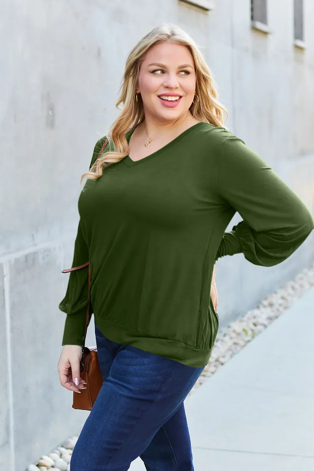 V Neck Lantern Sleeve Top Lightweight Stretch - Southern Shores Clothing