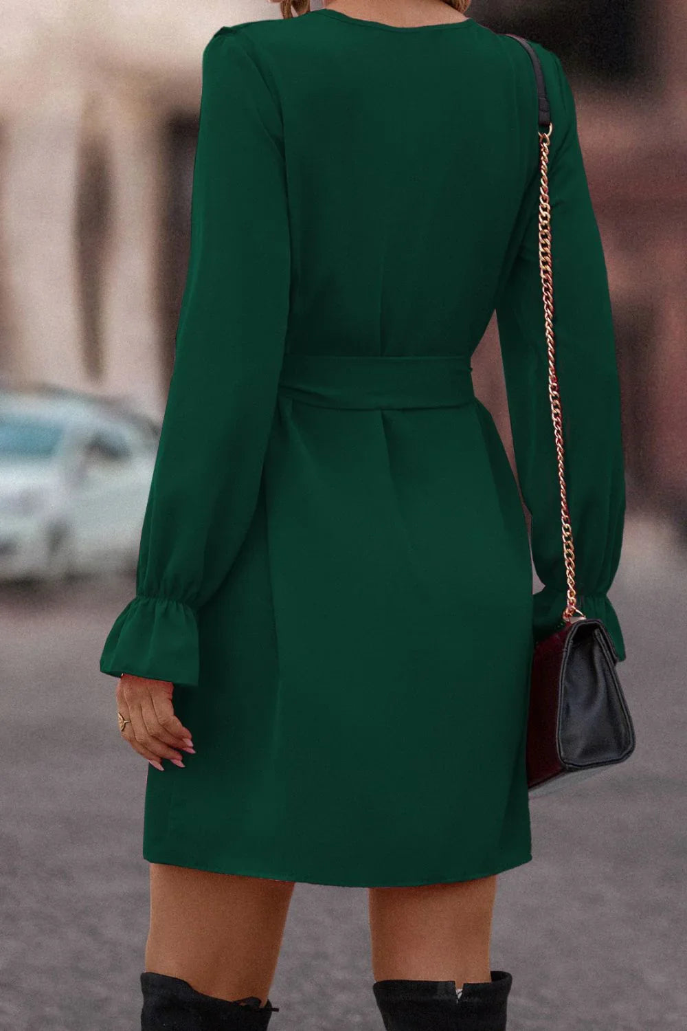 Ruffled Flounce Sleeve V-Neck Belted Dress - Southern Shores Clothing
