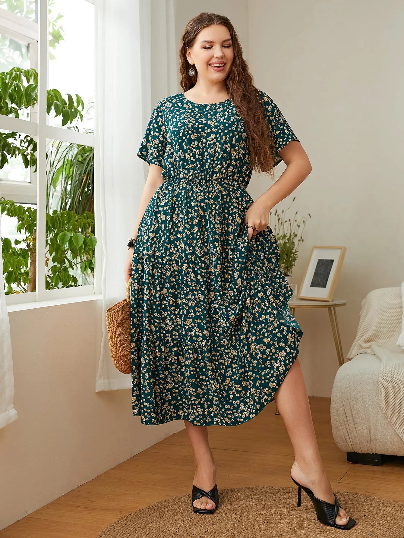 Honey Plus Size Floral Round Neck Short Sleeve Midi Dress - Southern Shores Clothing