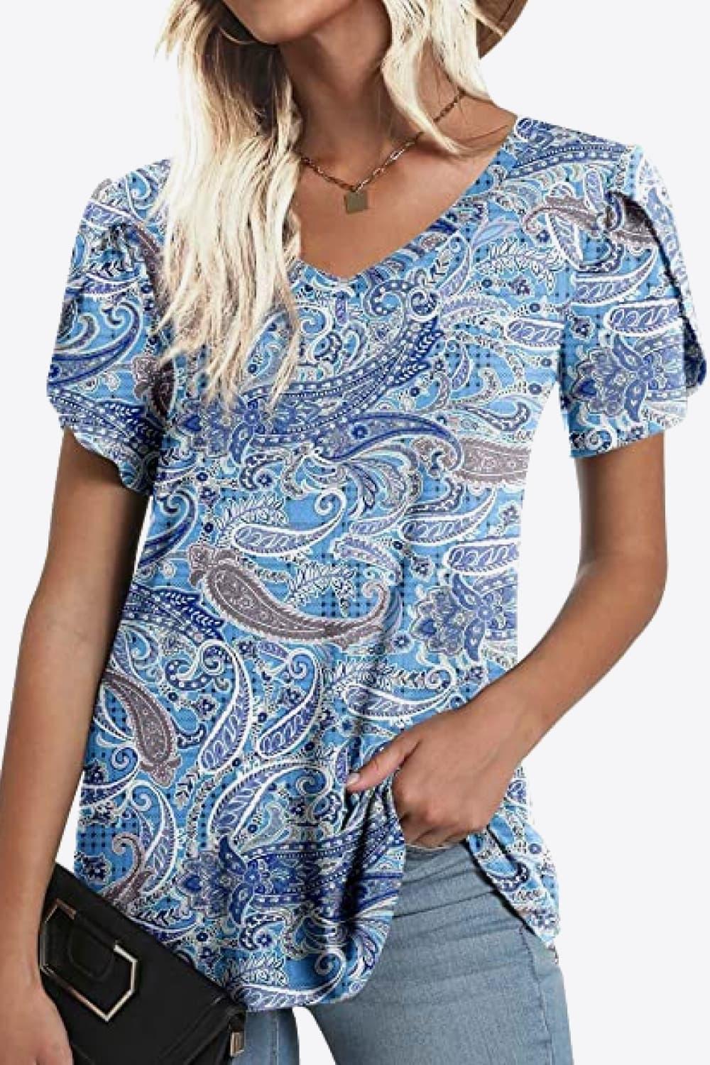 Casual Floral V Neck Blouse With Petal Sleeves - Southern Shores Clothing