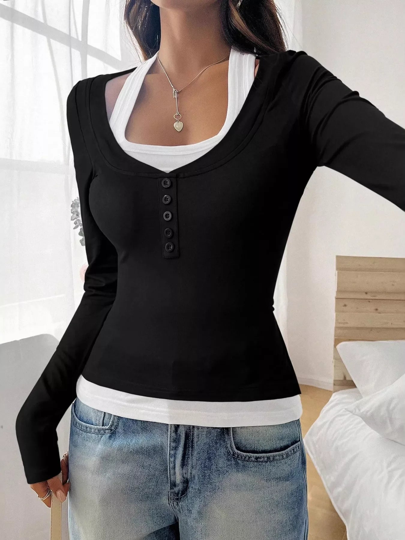 Scoop Neck Long Sleeve Fake Two-Piece T-Shirt - Southern Shores Clothing