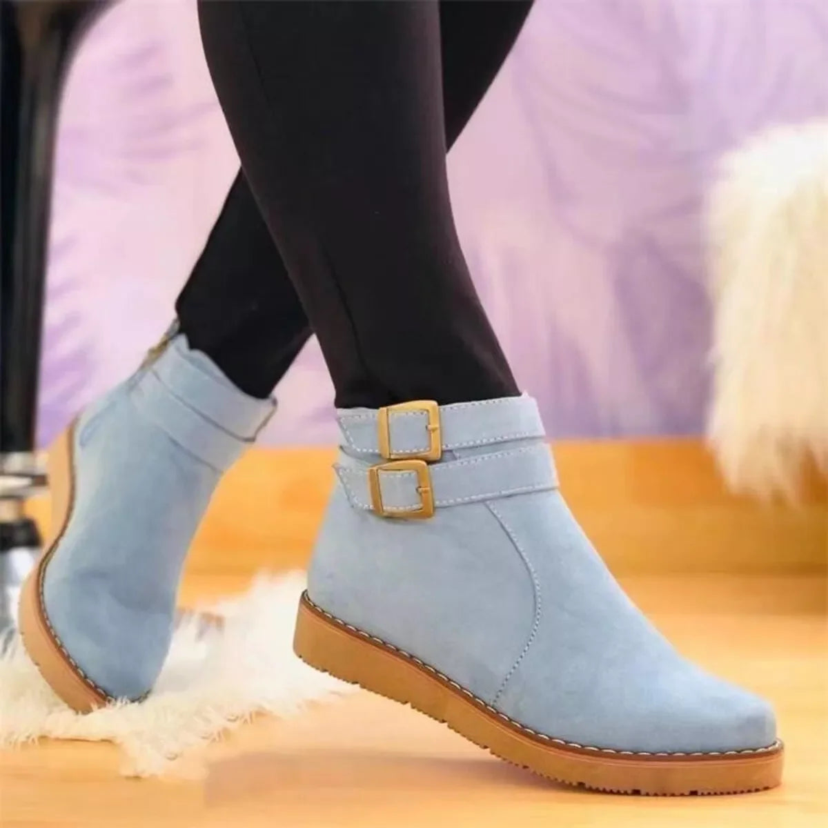 Buckle Accent Suede Ankle Boots With Rubber Sole - Southern Shores Clothing