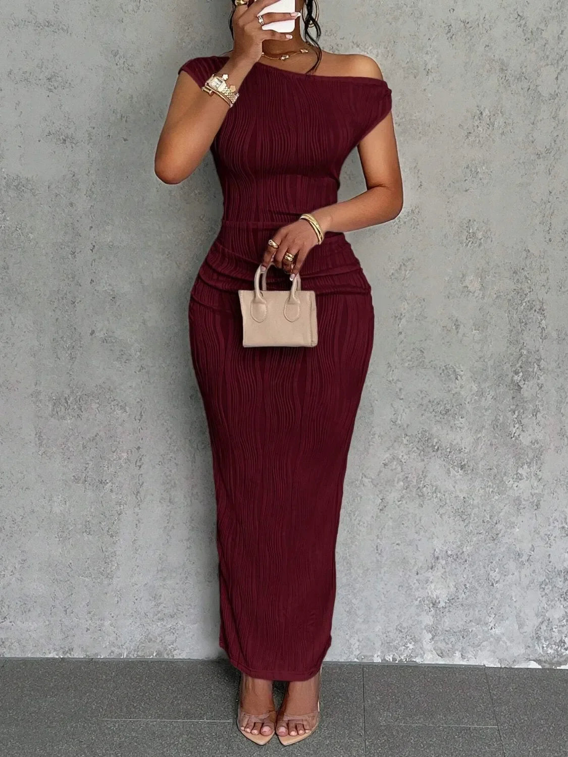 Textured Single Shoulder Maxi Dress For Coastal Style - Southern Shores Clothing