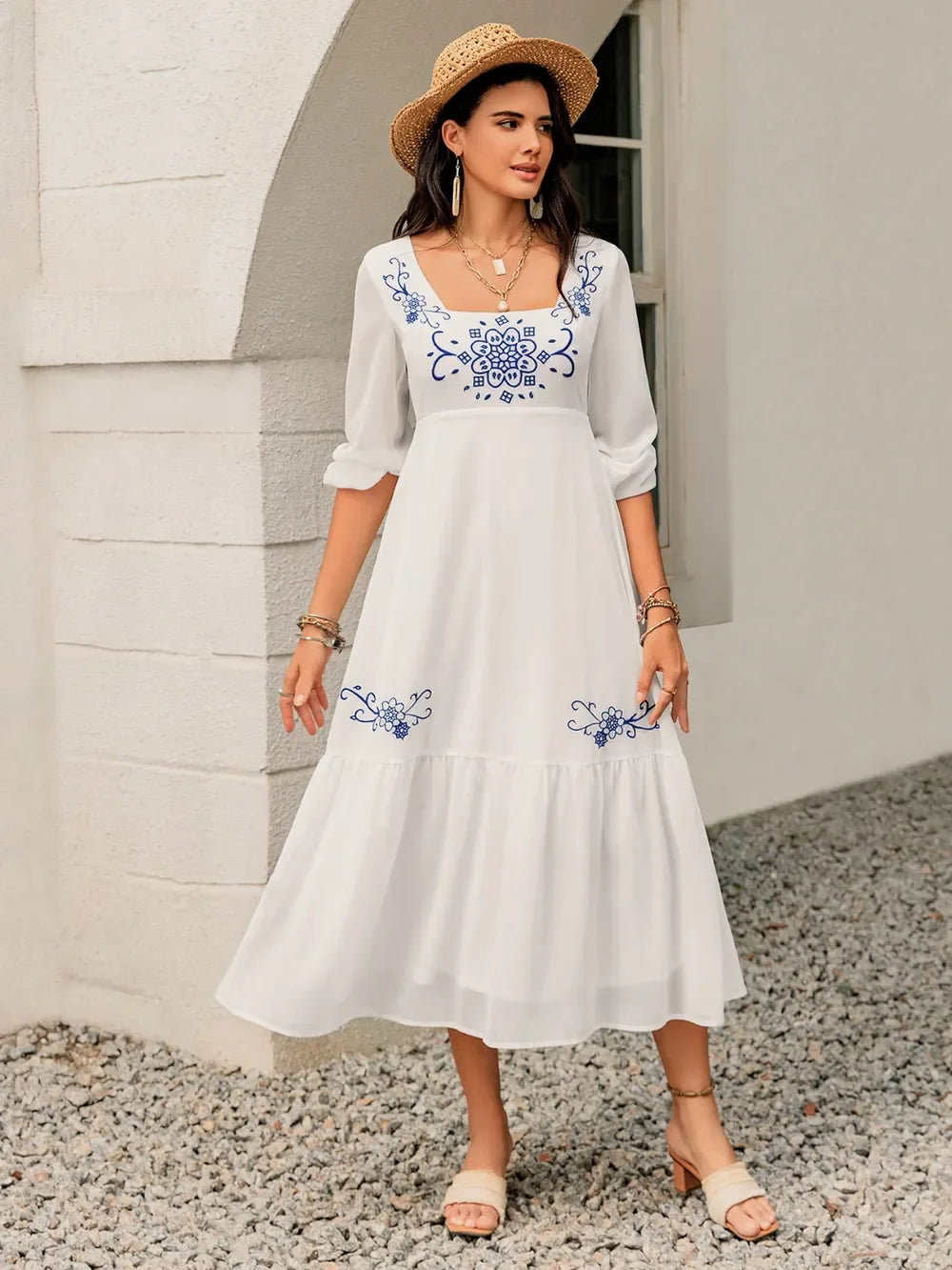 Printed Square Neck Balloon Sleeve Dress With Embroidered Detail - Southern Shores Clothing