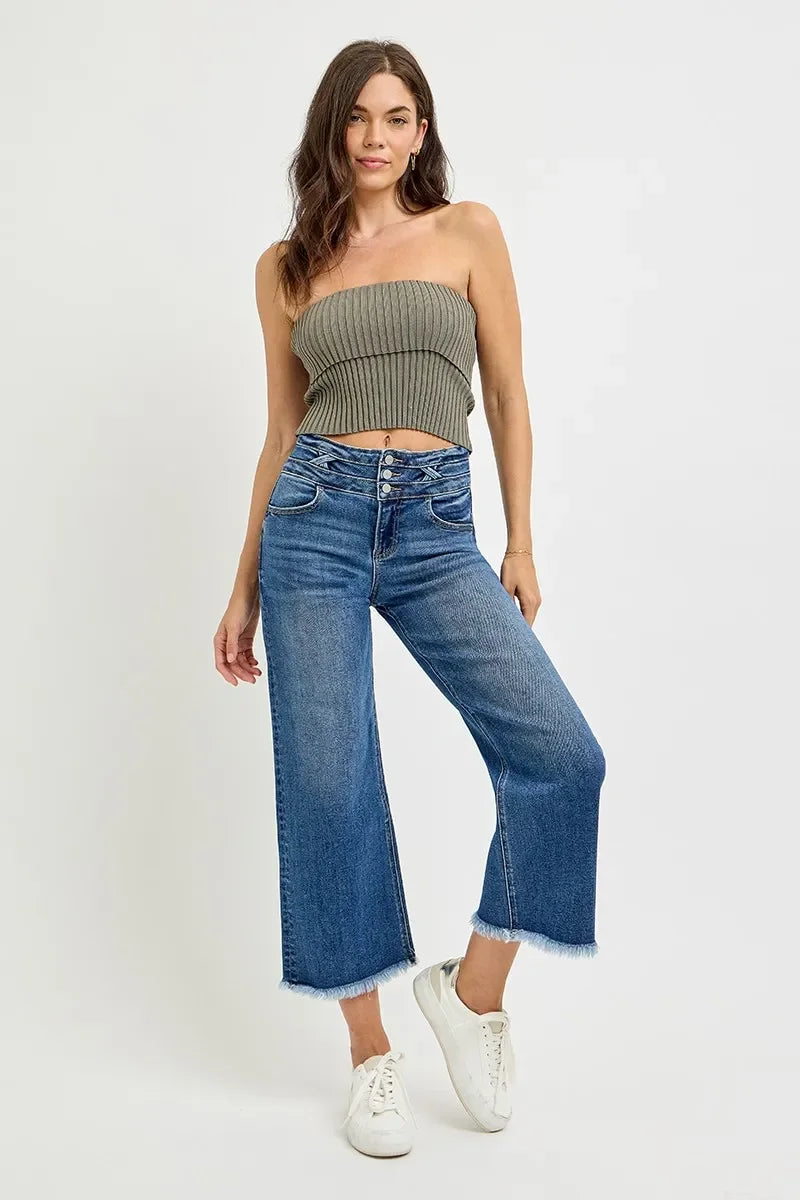 High Rise Crop Wide Leg Stretch Denim Jeans - Southern Shores Clothing