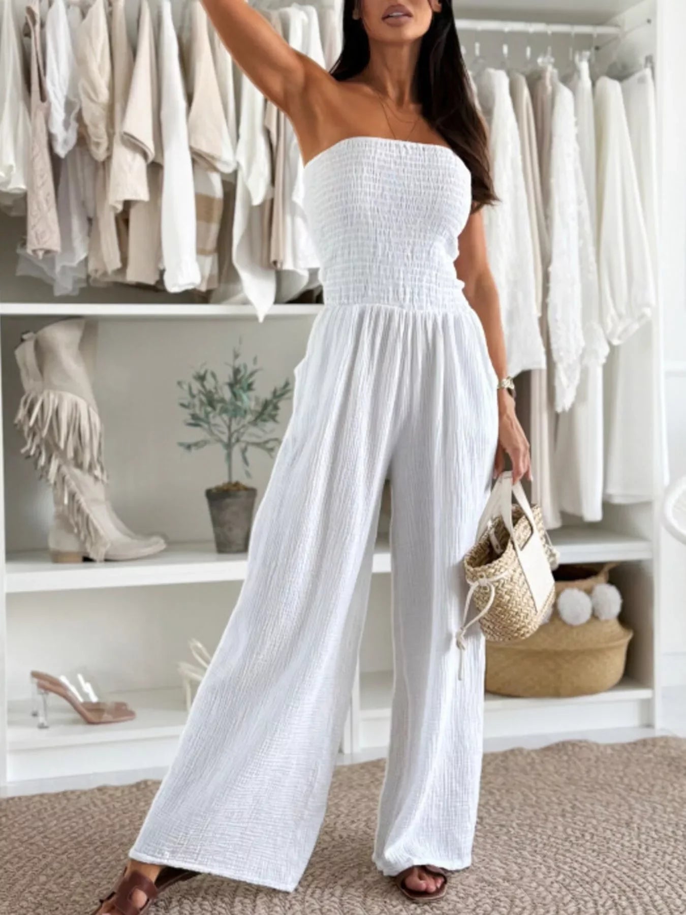 Smocked Tube Wide Leg Jumpsuit Sleeveless - Southern Shores Clothing