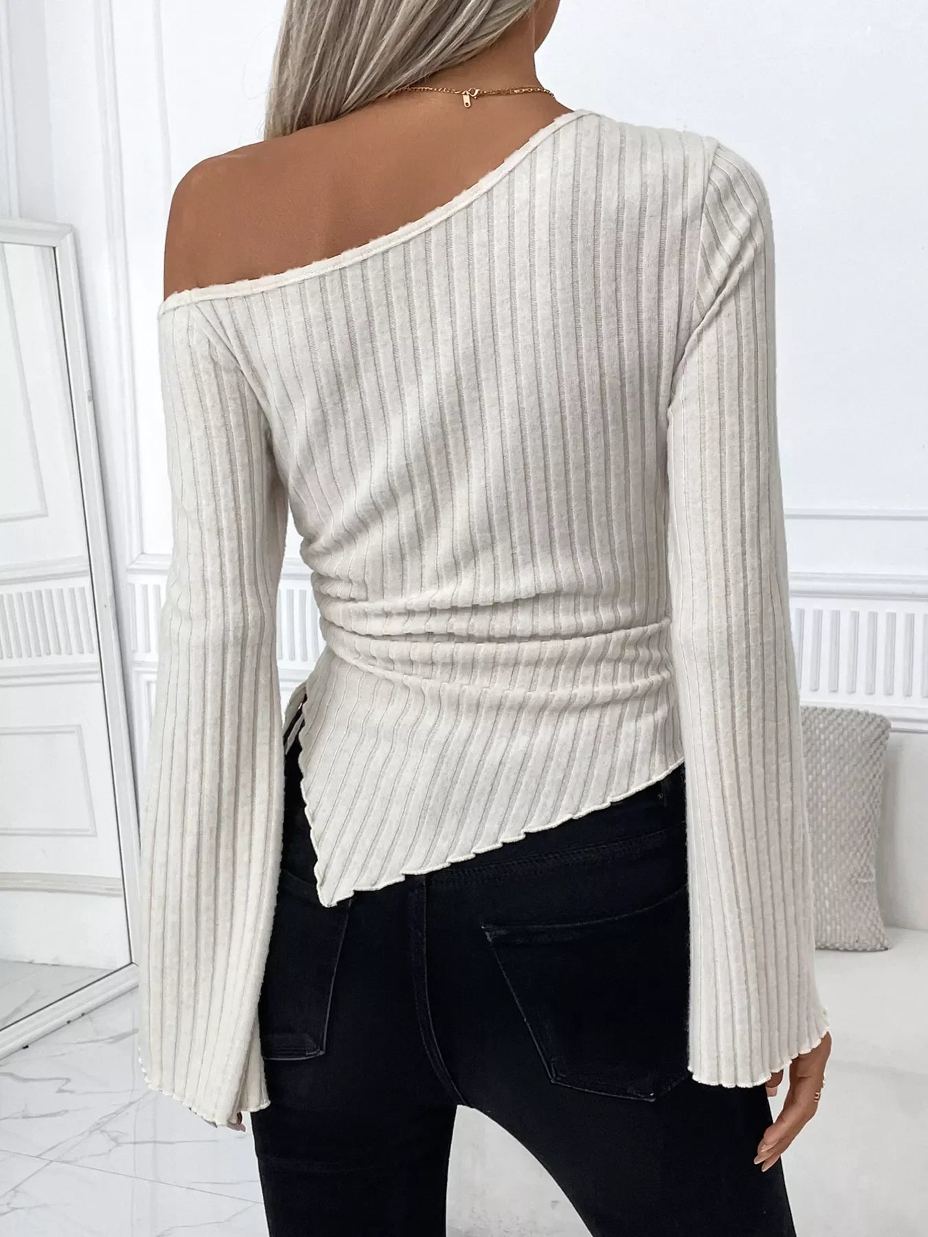Ribbed One Shoulder Asymmetrical Hem T-Shirt - Southern Shores Clothing