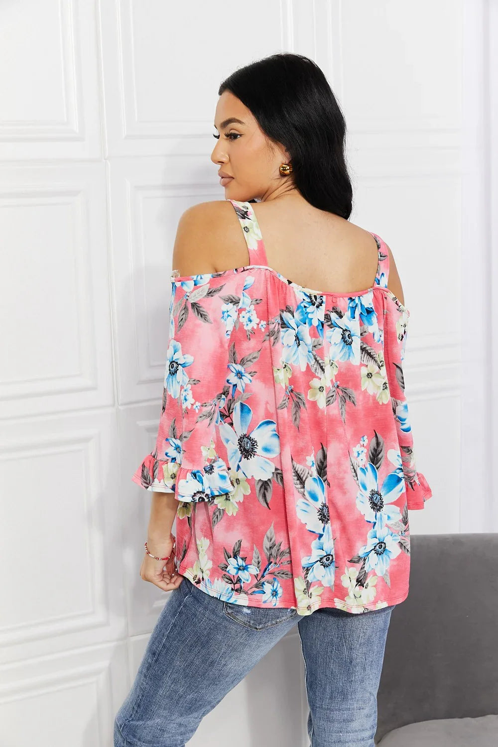 Floral Cold Shoulder Knit Top With Stretch - Southern Shores Clothing