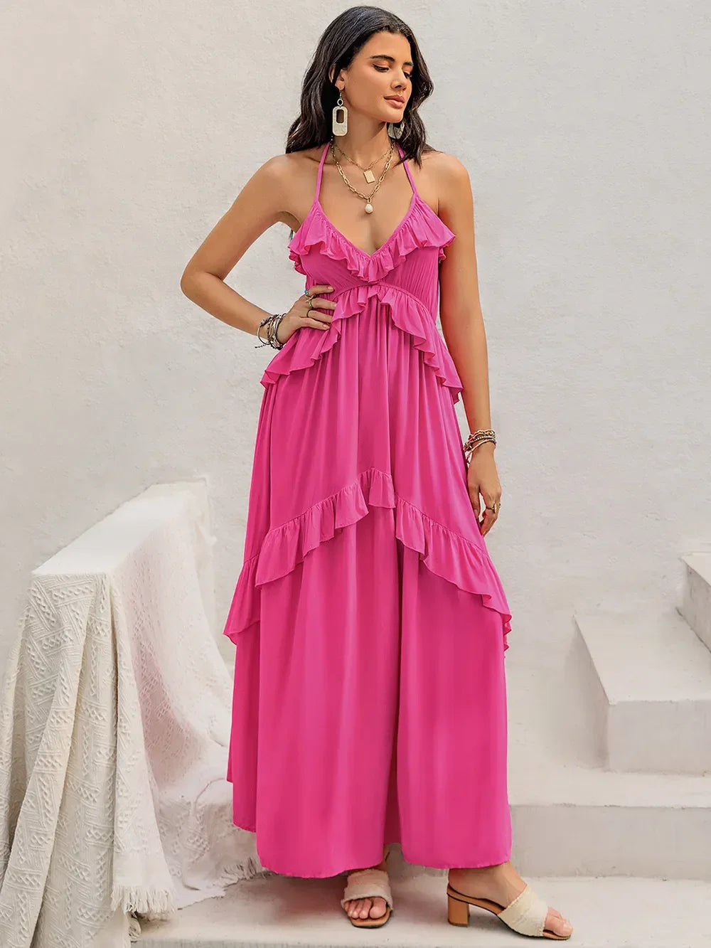 Ruffled Halter Neck Maxi Dress With Tiered Layers Of Ruffles - Southern Shores Clothing