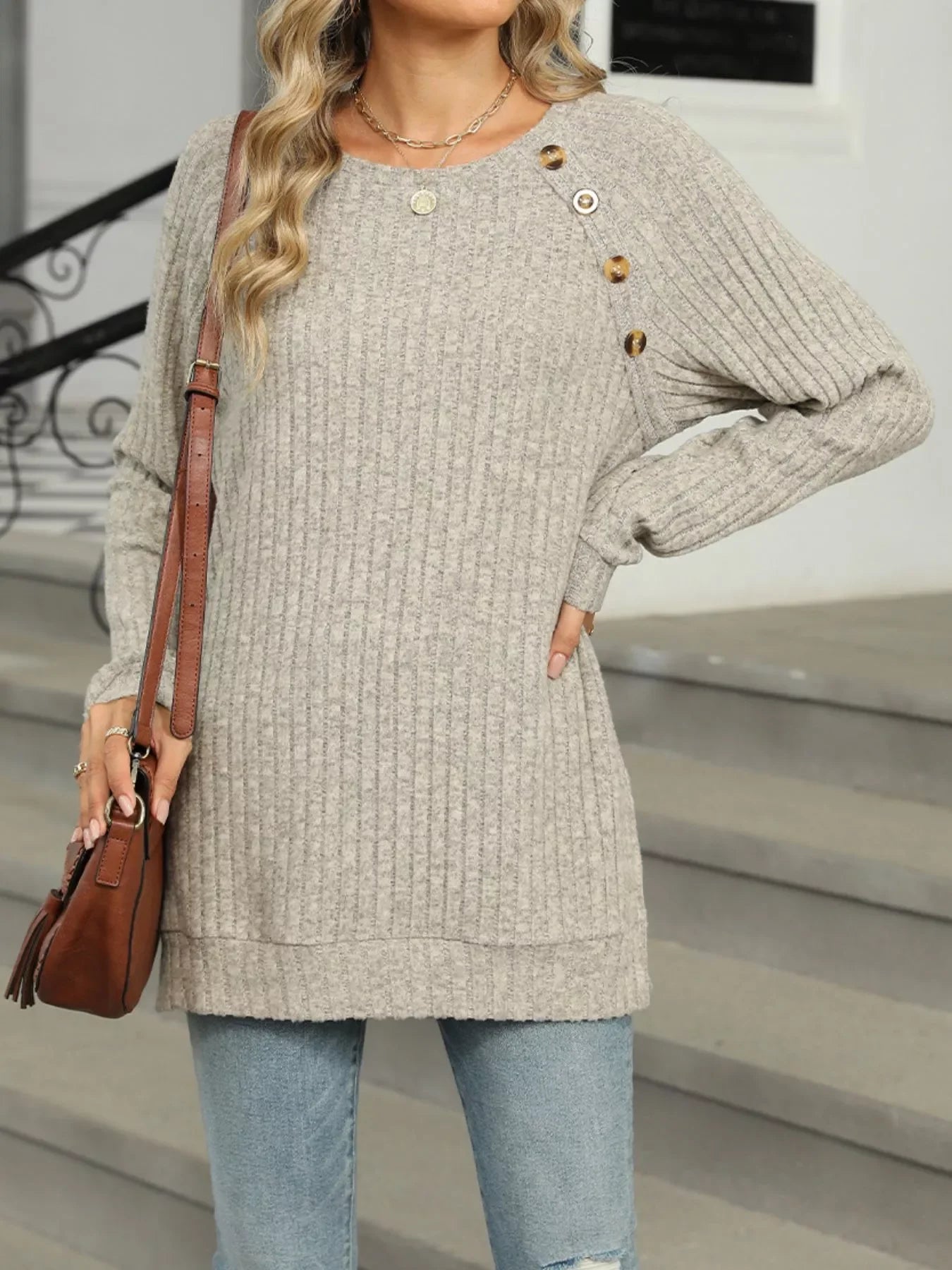 Round Neck Side Slit Ribbed Knit Top with Asymmetric Button Detail - Southern Shores Clothing