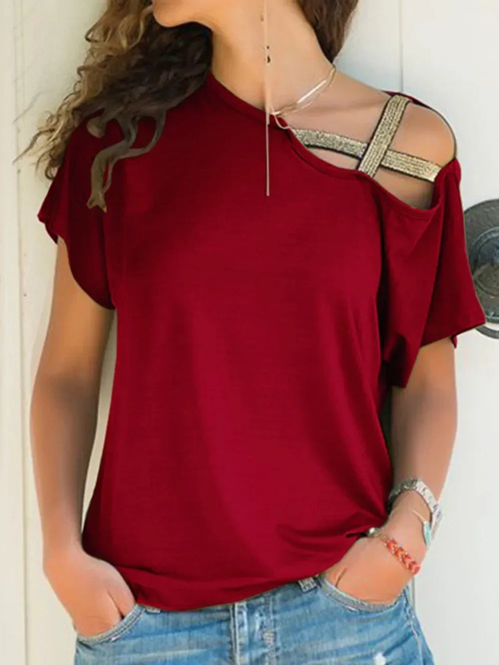 Asymmetrical Neck Short Sleeve T-Shirt - Southern Shores Clothing