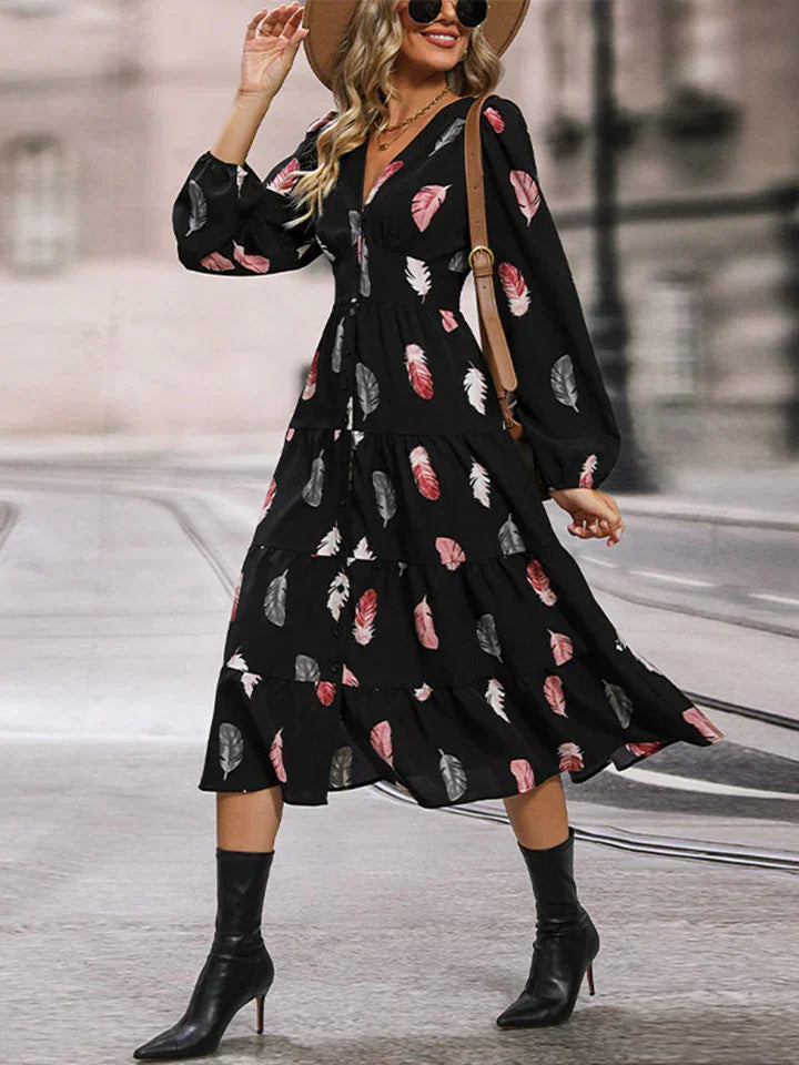 Perfee Printed V-Neck Slit Dress - Southern Shores Clothing