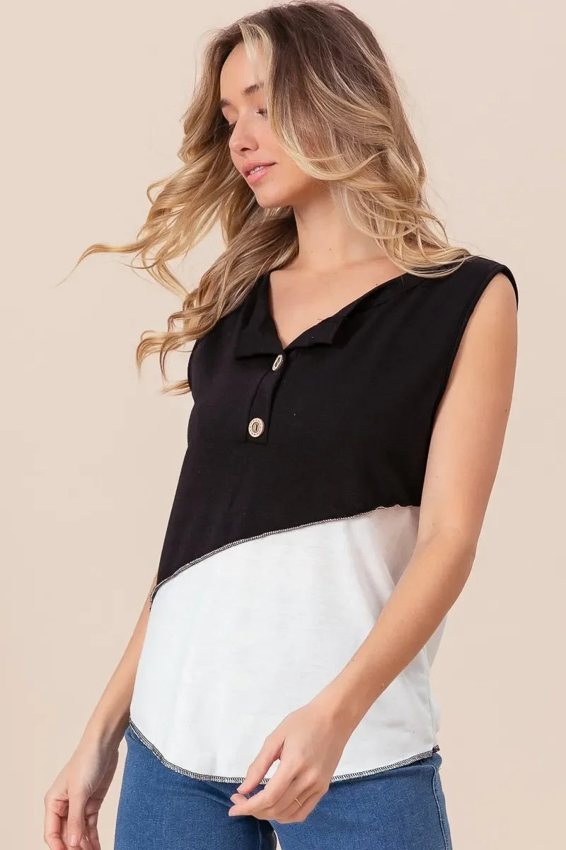 Block Design Buttoned Henley Top With Contrast Stitching - Southern Shores Clothing
