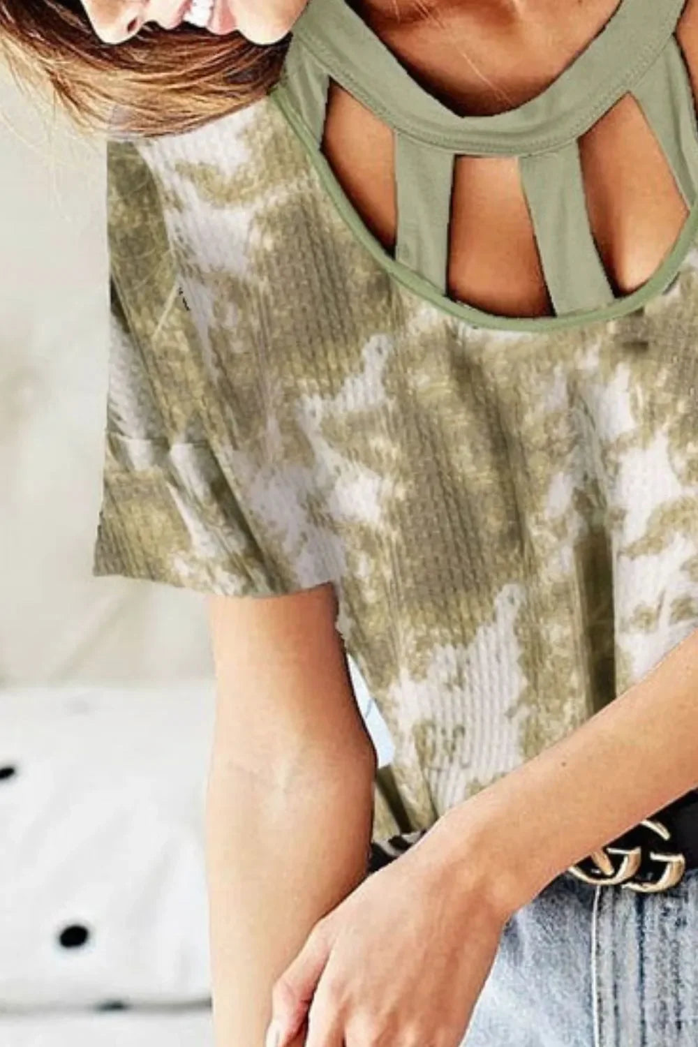 Tie Dye Waffle Top With Contrast Caged Neck - Southern Shores Clothing