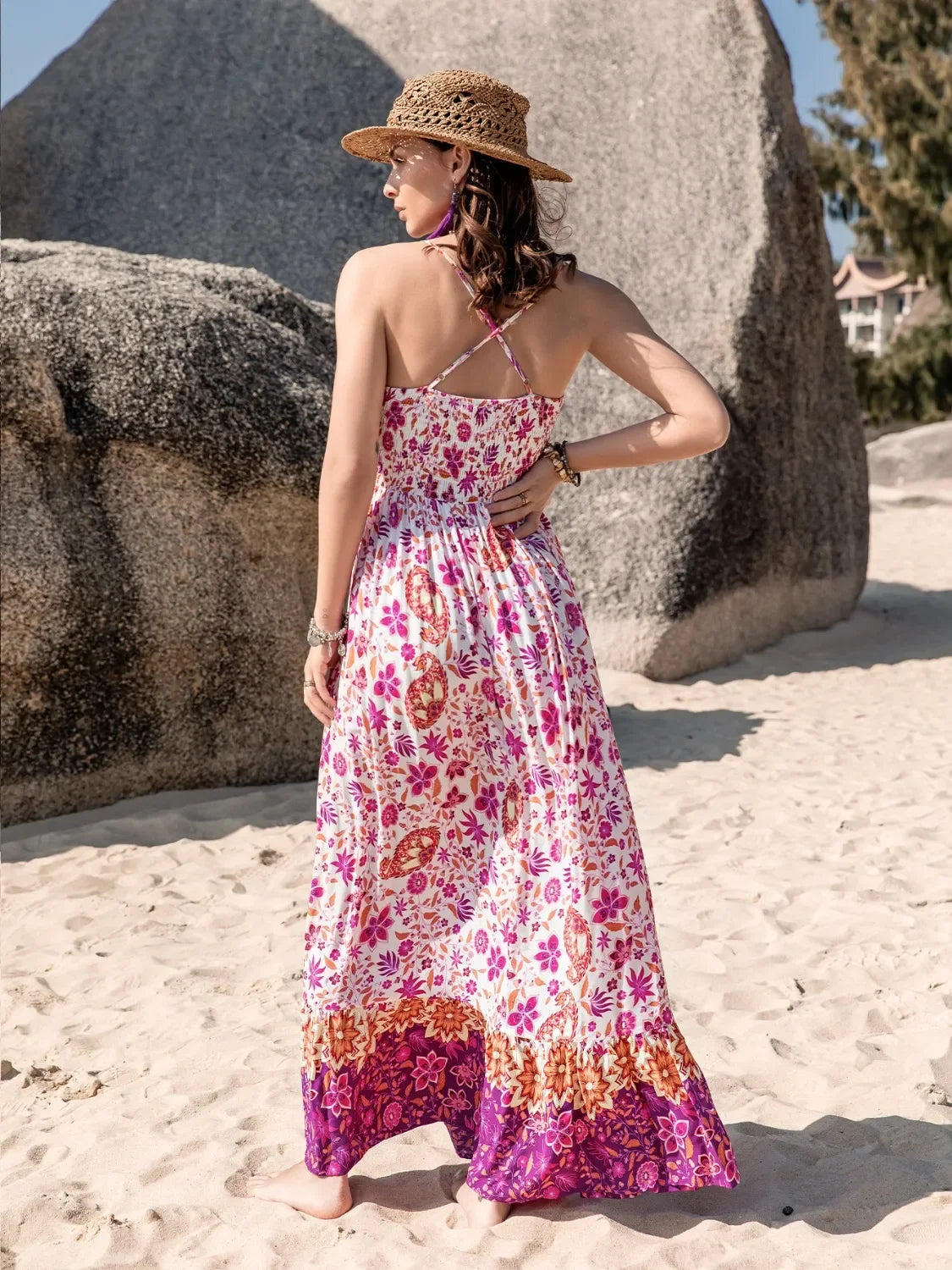 Printed Scoop Neck Cami Maxi Dress With Ruched Bodice Print - Southern Shores Clothing
