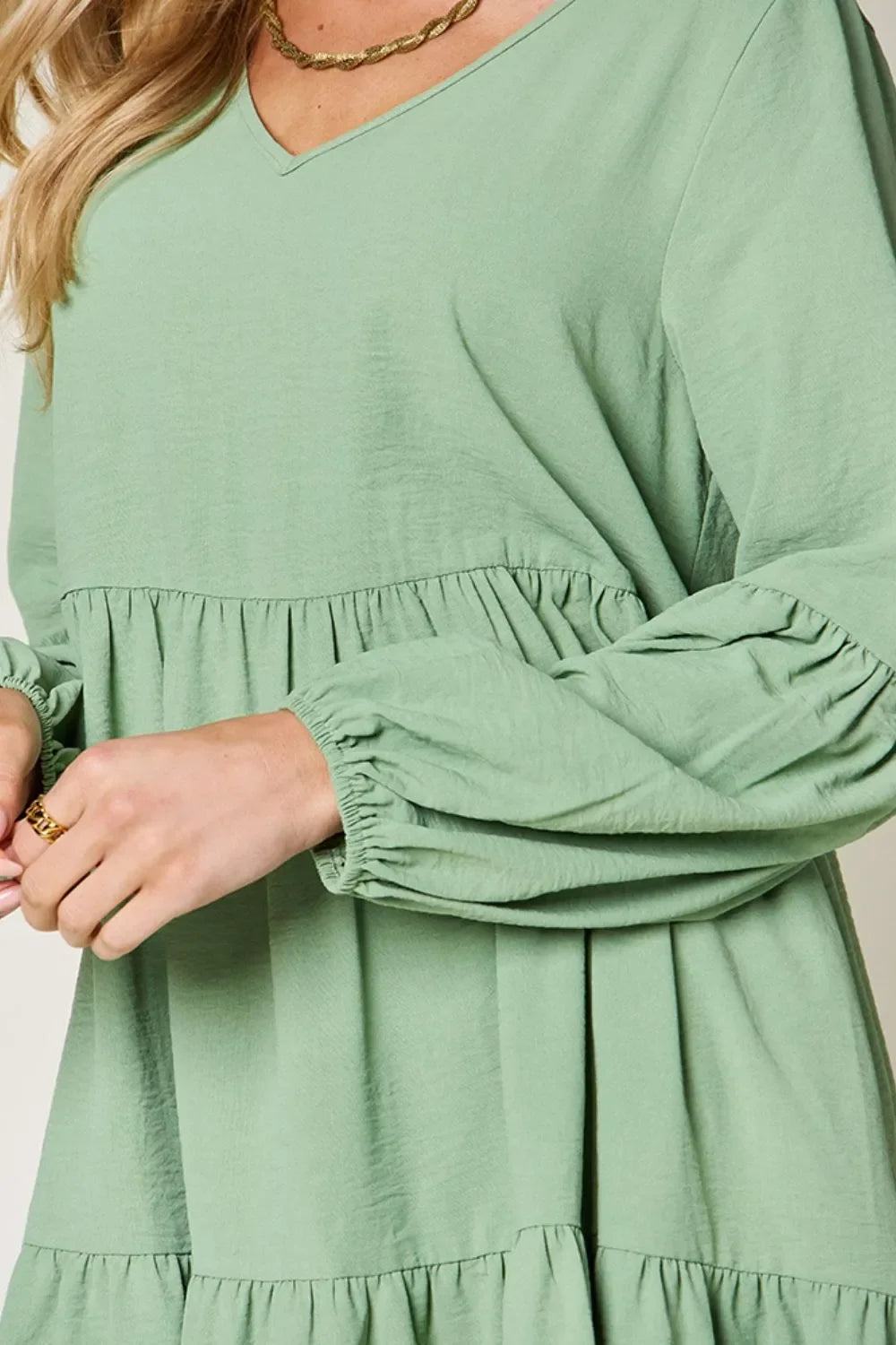 V Neck Balloon Sleeve Tiered Dress With Pockets - Southern Shores Clothing