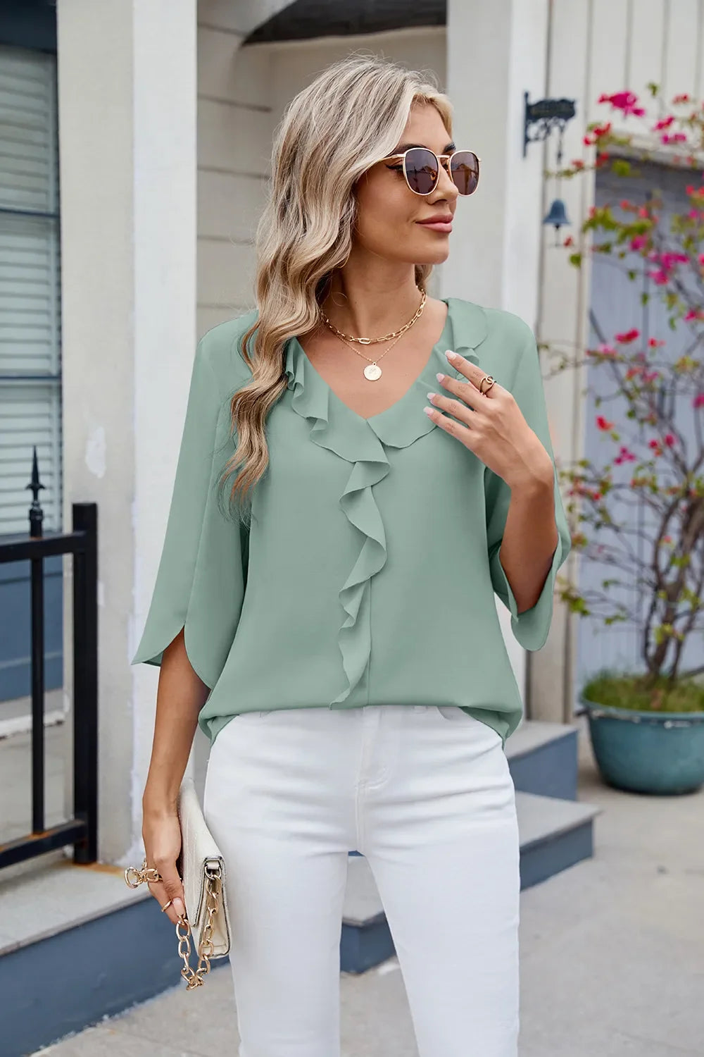 Ruffled Polyester V-Neck Blouse With Three-Quarter Sleeve - Southern Shores Clothing
