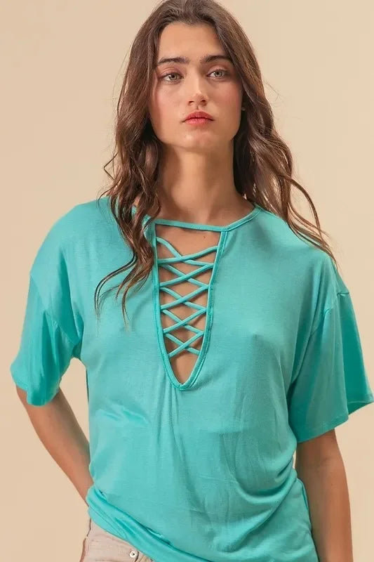 Relaxed Jersey Knit Top With Criss Cross Front Neck Detail - Southern Shores Clothing